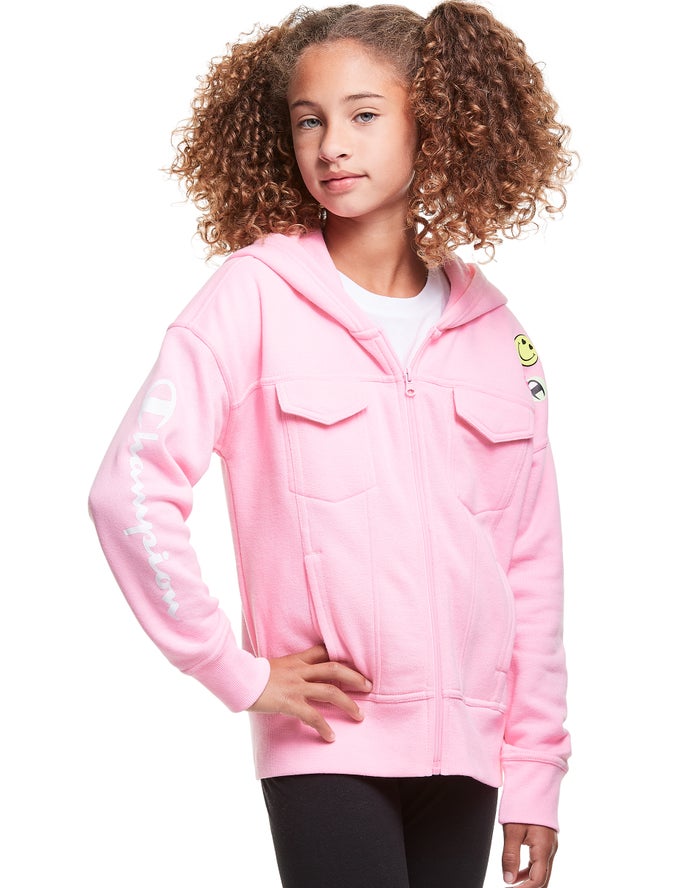 Champion Girls Hoodie NZ - Fleece Full Zip Smiley Face Pink ( 7361-KMRXS )